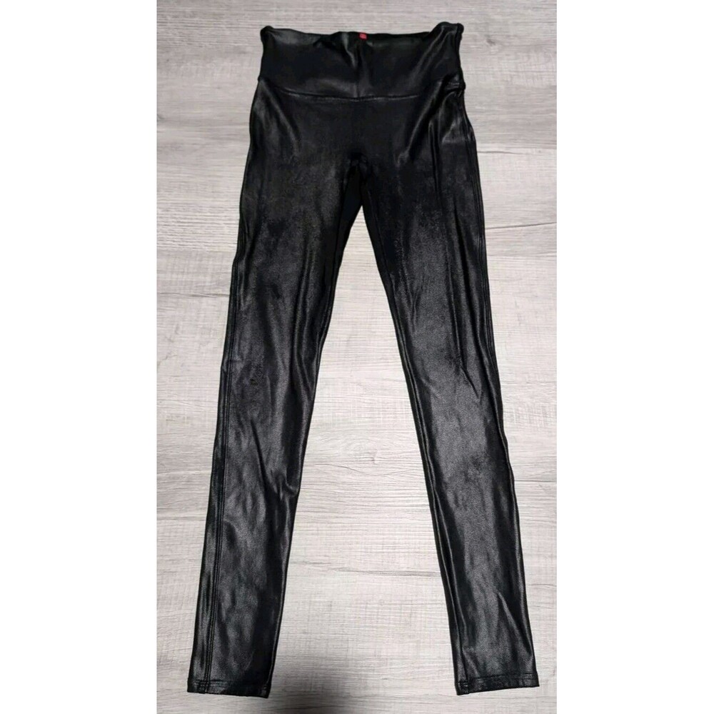 Spanx Women's Black Faux Leather Mid Waisted Shaping Leggings Pants Sz Medium